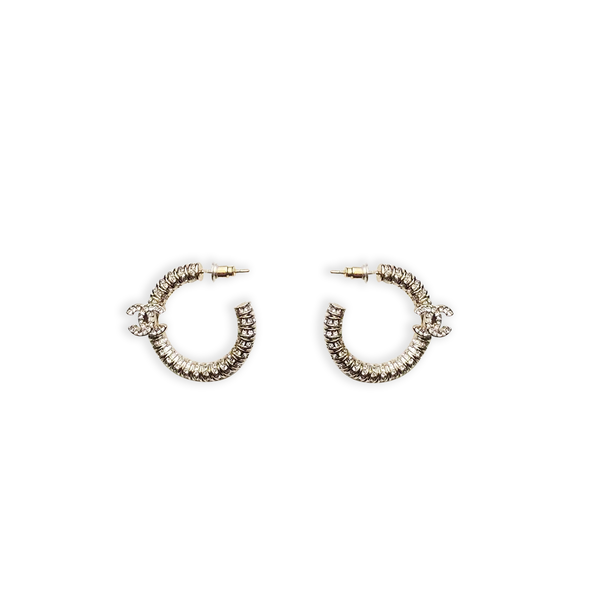 CHANEL GOLD-TONE METAL AND CRYSTAL CC LOGO HOOP EARRINGS 